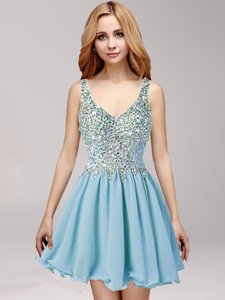 Free and Easy Light Blue Chiffon Side Zipper Straps Sleeveless Mini Length Cocktail Dress Beading and Ruching