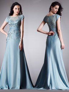 Sexy Scoop Cap Sleeves Prom Gown Floor Length Appliques Light Blue Satin
