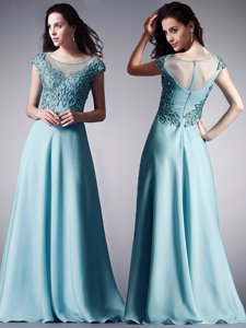 Scoop Floor Length Ball Gowns Cap Sleeves Light Blue Prom Gown Zipper