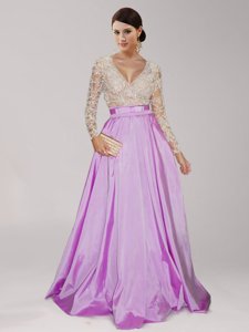 Adorable Lilac Empire V-neck Long Sleeves Taffeta Floor Length Zipper Beading and Belt Evening Dress