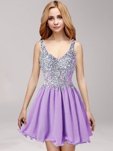 Custom Fit Lavender A-line Straps Sleeveless Chiffon Mini Length Side Zipper Beading and Ruffles Cocktail Dress