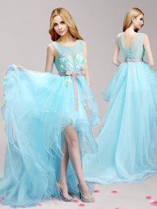 Inexpensive Aqua Blue Prom Dresses Prom and Party and For with Appliques and Bowknot Scoop Sleeveless Lace Up