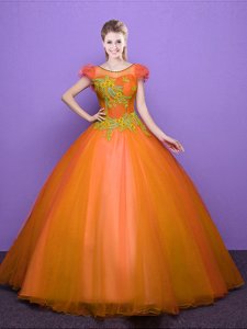 Fantastic Scoop Short Sleeves Floor Length Lace Up Sweet 16 Quinceanera Dress Orange and In for Military Ball and Sweet 16 and Quinceanera with Appliques