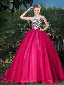 Scoop Organza Sleeveless Quince Ball Gowns Brush Train and Appliques and Belt