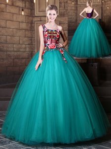One Shoulder Floor Length Lace Up Quinceanera Gowns Teal and In for Military Ball and Sweet 16 and Quinceanera with Pattern