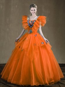 Super Orange Red Ball Gowns Sweetheart Sleeveless Organza Floor Length Lace Up Appliques and Ruffles Sweet 16 Dress