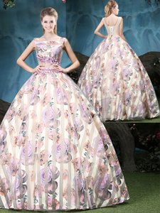 Comfortable Straps Sleeveless 15 Quinceanera Dress Floor Length Appliques and Pattern Multi-color Tulle