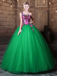 One Shoulder Pattern Vestidos de Quinceanera Green Lace Up Sleeveless Floor Length