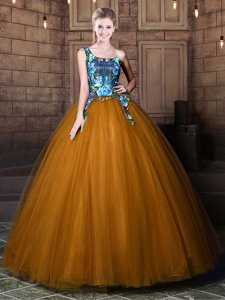 Decent Brown Sweet 16 Dress Military Ball and Sweet 16 and Quinceanera and For with Pattern One Shoulder Sleeveless Lace Up