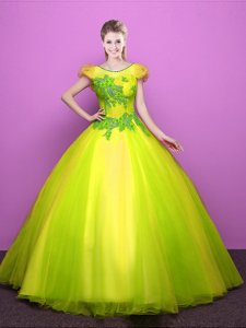 Yellow Green Ball Gowns Tulle Scoop Short Sleeves Appliques Floor Length Lace Up Quinceanera Gown
