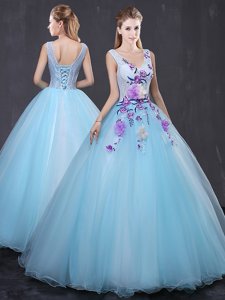 Sleeveless Floor Length Lace and Appliques Lace Up 15th Birthday Dress with Light Blue