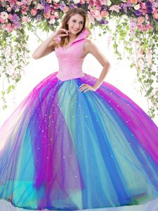 Sexy Backless Floor Length Multi-color Court Dresses for Sweet 16 Tulle Sleeveless Beading