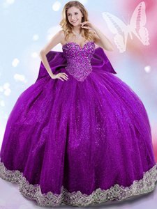 Modern Eggplant Purple Sweetheart Neckline Beading and Lace and Bowknot Quinceanera Dress Sleeveless Lace Up