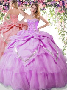 Artistic Lilac Organza and Taffeta Lace Up 15th Birthday Dress Sleeveless Floor Length Beading and Pick Ups