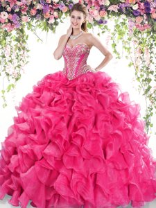 Sleeveless Sweep Train Lace Up Beading and Ruffles Sweet 16 Quinceanera Dress