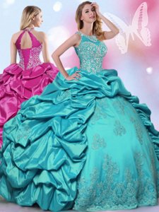 Trendy Teal Ball Gowns Taffeta Halter Top Sleeveless Beading and Lace and Appliques and Pick Ups Floor Length Lace Up Quinceanera Dress