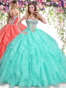 Apple Green Ball Gowns Organza Sweetheart Sleeveless Beading and Ruffles Floor Length Lace Up Court Dresses for Sweet 16