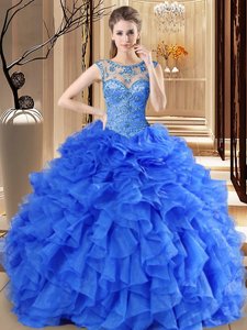 Trendy Scoop Sleeveless Floor Length Beading and Ruffles Lace Up 15th Birthday Dress with Royal Blue