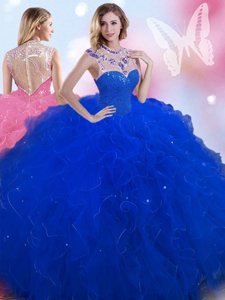 Elegant High-neck Sleeveless Zipper Sweet 16 Dresses Royal Blue Tulle