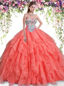 Orange Red Ball Gowns Beading and Ruffles Sweet 16 Quinceanera Dress Lace Up Organza Sleeveless Floor Length