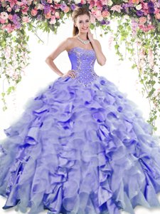 Pretty Lavender Ball Gowns Organza and Taffeta Sweetheart Sleeveless Beading and Ruffles Floor Length Lace Up Court Dresses for Sweet 16