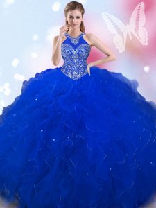 Hot Sale Halter Top Royal Blue Sleeveless Beading Lace Up Quinceanera Dress