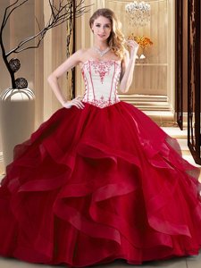 Noble Wine Red Quinceanera Dresses Military Ball and Sweet 16 and Quinceanera and For with Embroidery Strapless Sleeveless Lace Up
