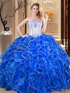 Strapless Sleeveless Organza Quinceanera Dresses Embroidery and Ruffles Lace Up