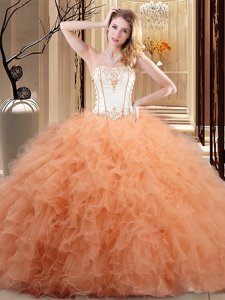 Sexy Sleeveless Floor Length Embroidery and Ruffled Layers Lace Up Sweet 16 Dress with Orange