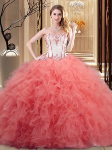 Watermelon Red and Orange Lace Up Strapless Embroidery and Ruffled Layers Quinceanera Dresses Organza Sleeveless