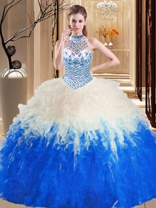 Clearance Halter Top Sleeveless Floor Length Beading and Ruffles Lace Up Ball Gown Prom Dress with Blue And White