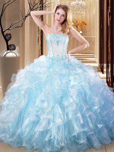 Wonderful Sleeveless Floor Length Embroidery and Ruffles Lace Up 15 Quinceanera Dress with Light Blue