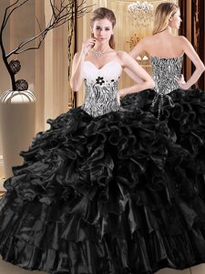 Black Sweetheart Neckline Ruffles and Pattern 15th Birthday Dress Sleeveless Lace Up