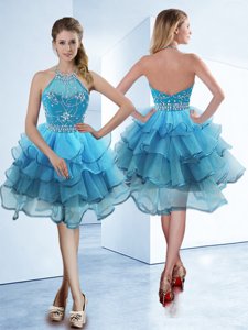 Pretty Ruffled A-line Club Wear Baby Blue Halter Top Organza Sleeveless Tea Length Zipper