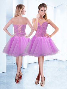 Fitting Lilac A-line Beading Cocktail Dresses Lace Up Organza Sleeveless Knee Length