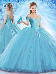 Sexy Off the Shoulder Beading Vestidos de Quinceanera Aqua Blue Lace Up Sleeveless With Brush Train