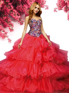 Flirting Sweetheart Sleeveless Organza Quince Ball Gowns Beading and Ruffled Layers Brush Train Lace Up
