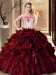 Free and Easy Sleeveless Organza Floor Length Lace Up Quince Ball Gowns in Wine Red for with Ruffles