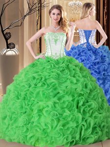 Dramatic Sleeveless Fabric With Rolling Flowers Floor Length Lace Up Sweet 16 Dresses in for with Embroidery and Ruffles