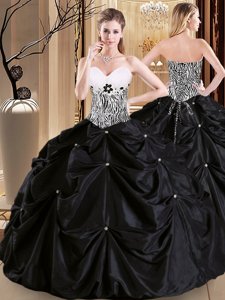 Cute Black Ball Gowns Pick Ups Vestidos de Quinceanera Lace Up Satin and Taffeta Sleeveless Floor Length