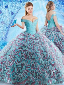 Off the Shoulder Beading and Appliques and Ruffles Vestidos de Quinceanera Multi-color Backless Sleeveless Court Train