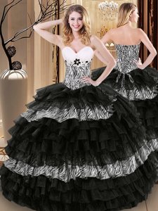 Ruffled Sweetheart Sleeveless Lace Up Ball Gown Prom Dress Black Organza and Printed